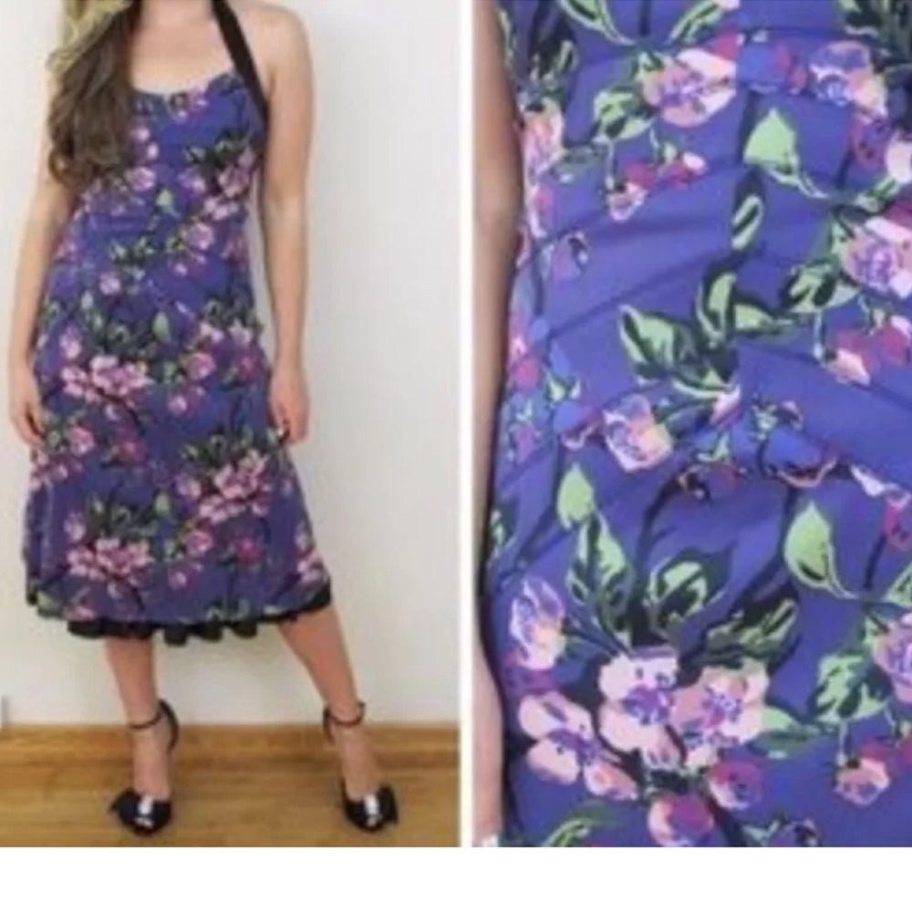 KAREN MILLEN Knockout Runway Dress Purple Black Pink Silk Floral Pin-Up Cocktail